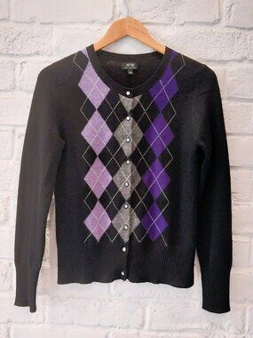 100% Cashmere Cardigan Sweater Womens Small Black Purple Argyle Diamond by Apt 9
